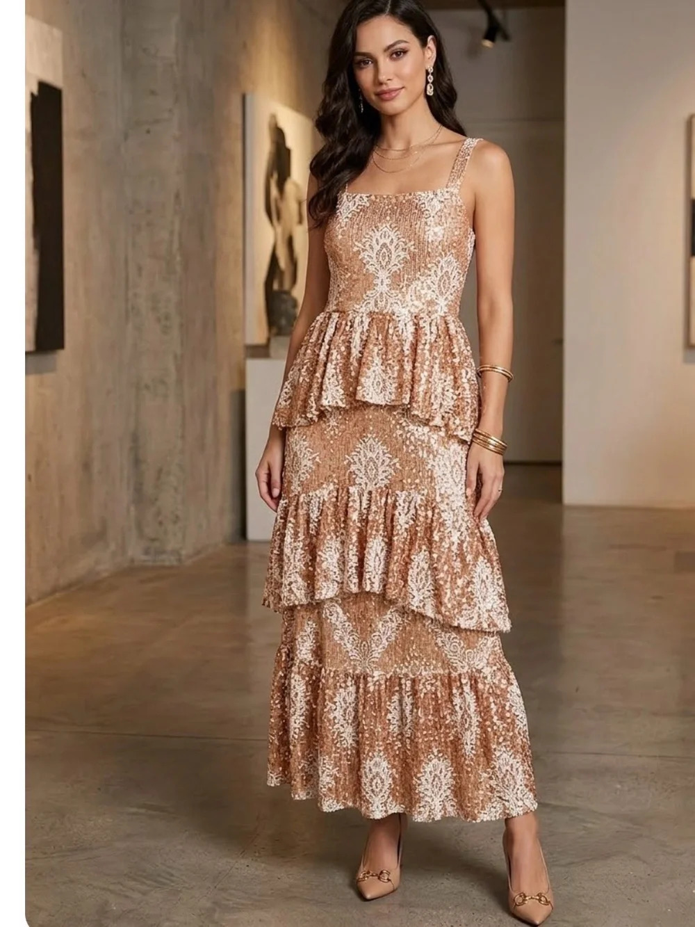 Plains & Prints Dress Size Medium by Rosanna Ocampo Tiered Ruffle Midi Lace